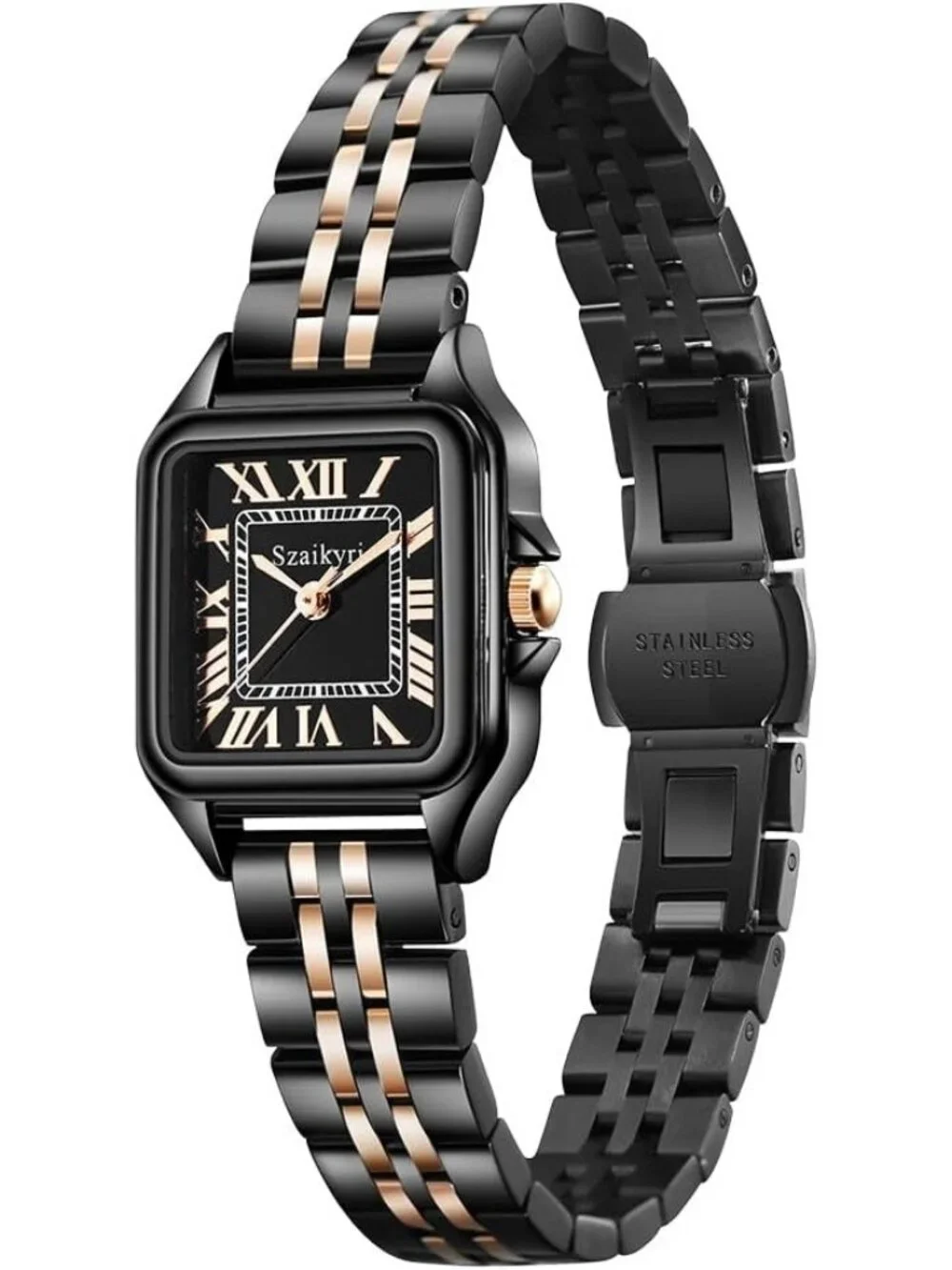 Women's Rose/ Gold/Black Square Dial Dainty Vintage Stainless Steel Band Watches